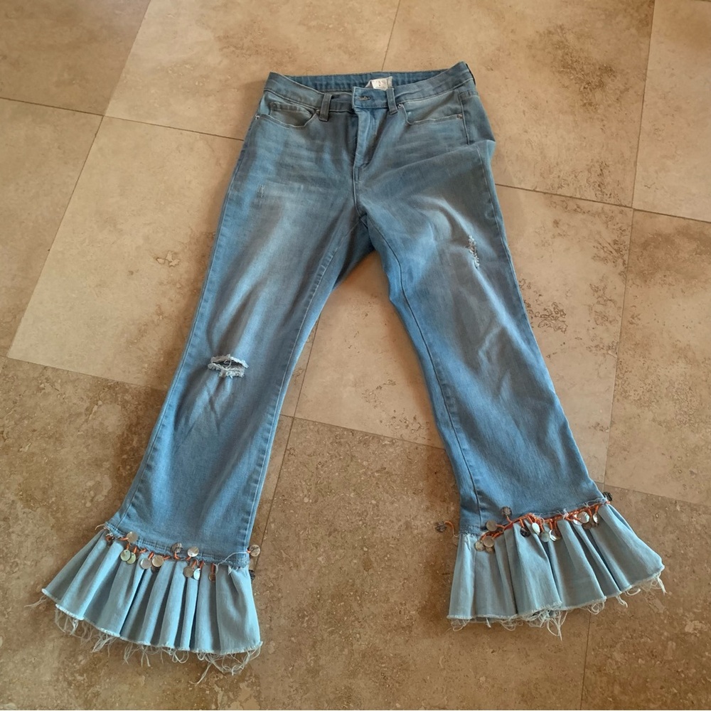 Women's Blue Flared Jeans with Ruffle Hem